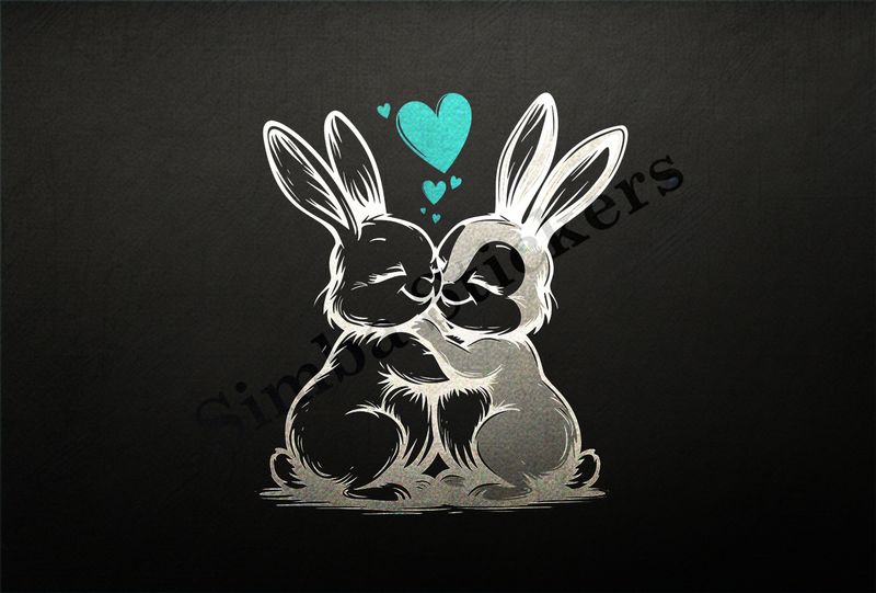Bunnies in love, nose-to-nose, hearts in air, outline art