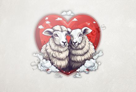 Sheep ewe and ram in love,  read heart, white clouds