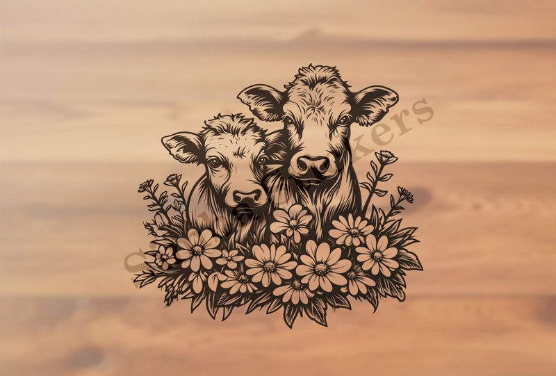 Bull and cow, romantic, with flowers ,  outline art