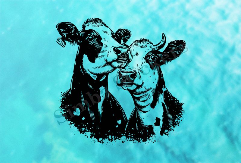 Cattle, bull and cow, both black and white  , outline art