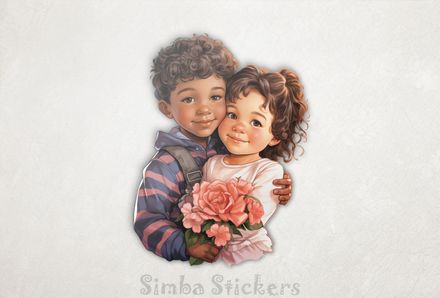 Girl and boy, cheek-to-cheek, holding flowers