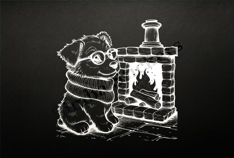 Cute dog in glasses by the fireplace, outline art