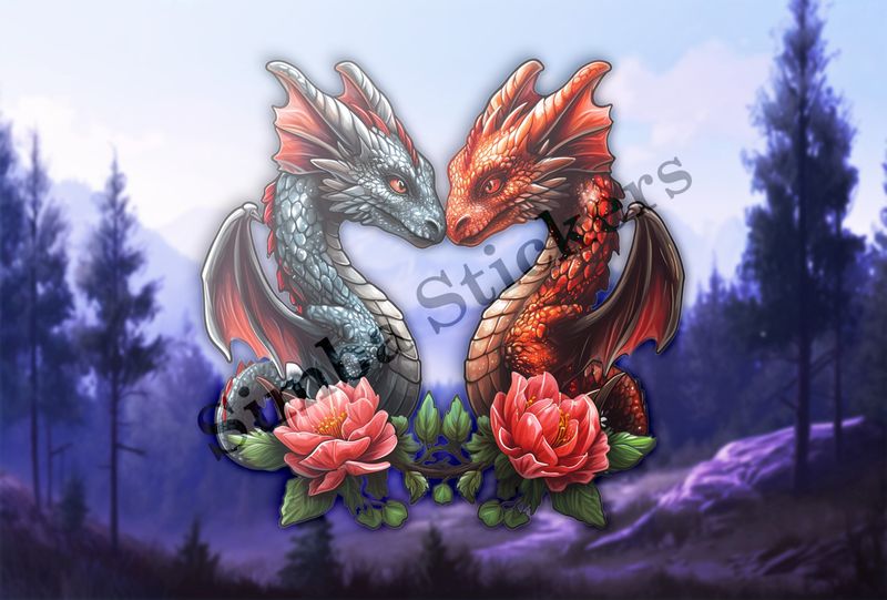 Black  ragon, red dragon in love, red flowers