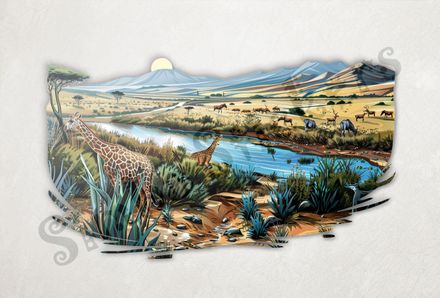 African Savanna landscape, with animals by river