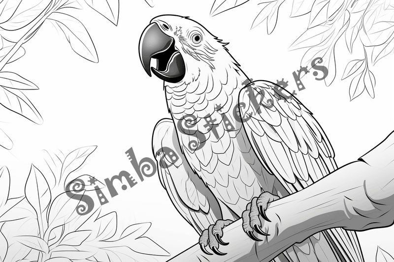 Colouring pages, bundle of parrots perching, 10 images