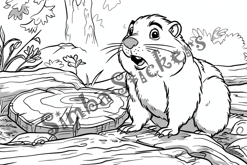 Colouring pages, bundle of groundhogs on or near tree logs, 10 images