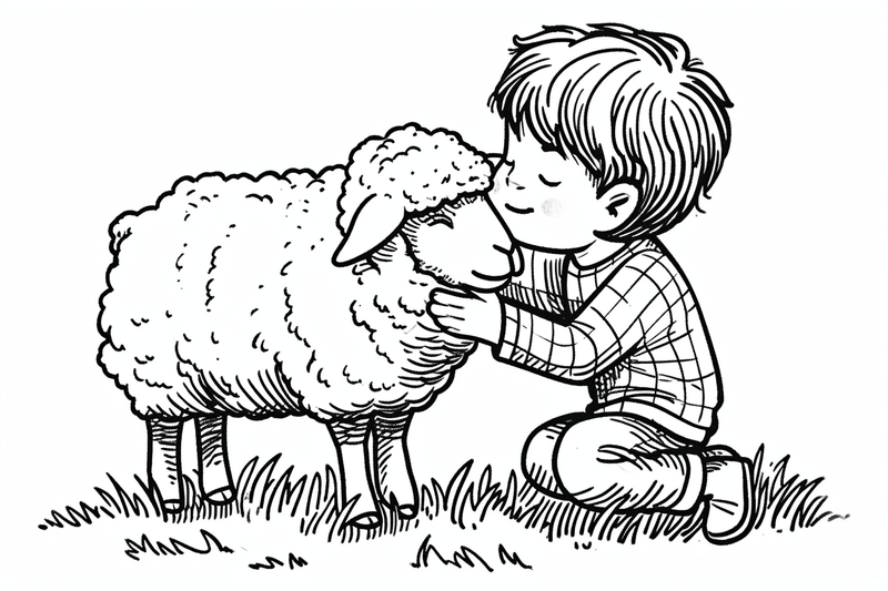 Colouring pages, bundle of sheep hugged by child, 10 images