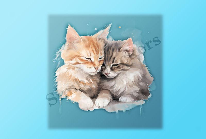 Cats cuddling, watercolour