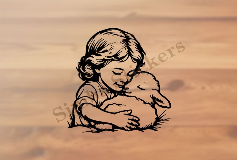 Small lamb cheek-to-cheek with small girl, outline art