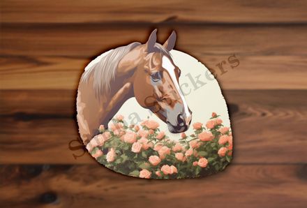 Brown horse bust behind pink flowers
