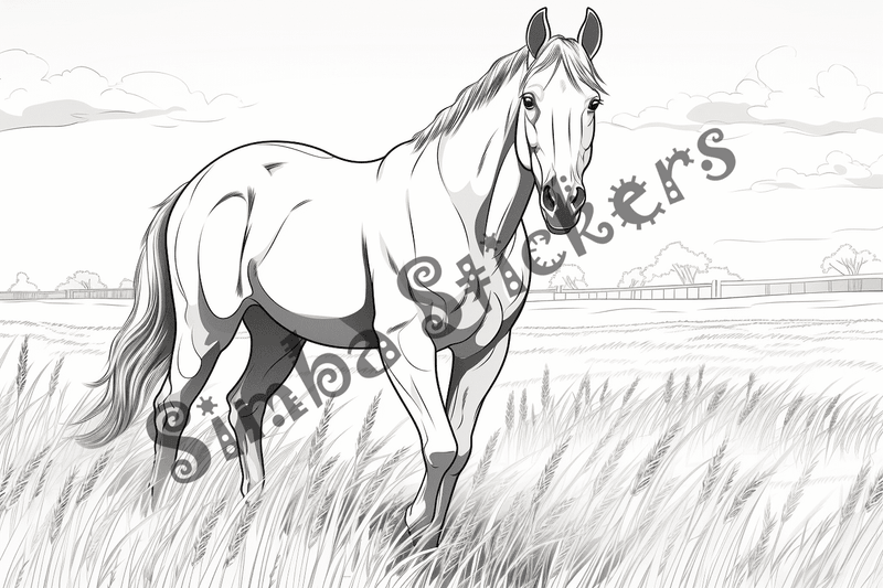 Colouring pages, bundle of horses on grass, 10 images