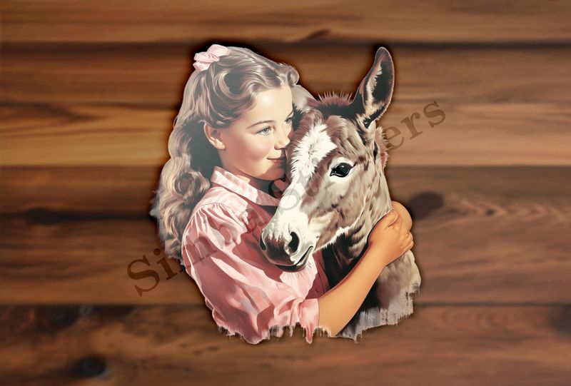 Donkey hugged by small girl of European origin in a pink dress