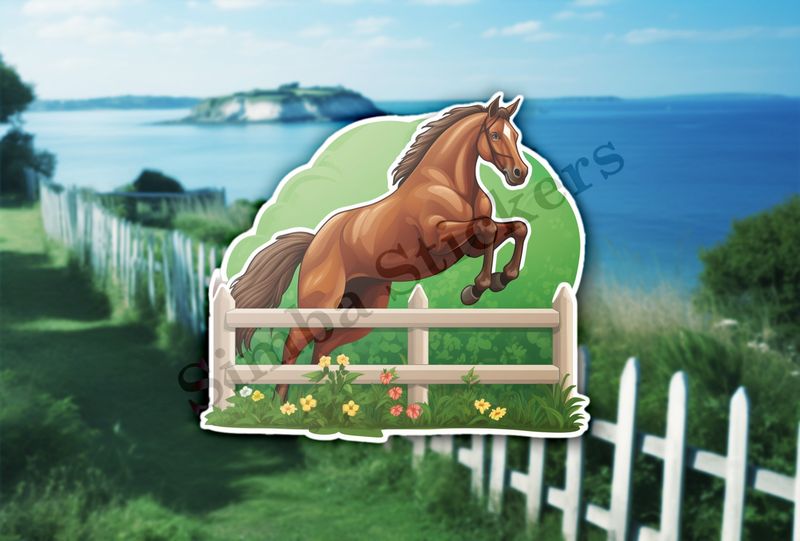 Brown horse jumping over a fence