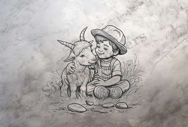 Goat kid with horns hugged by boy, outline art