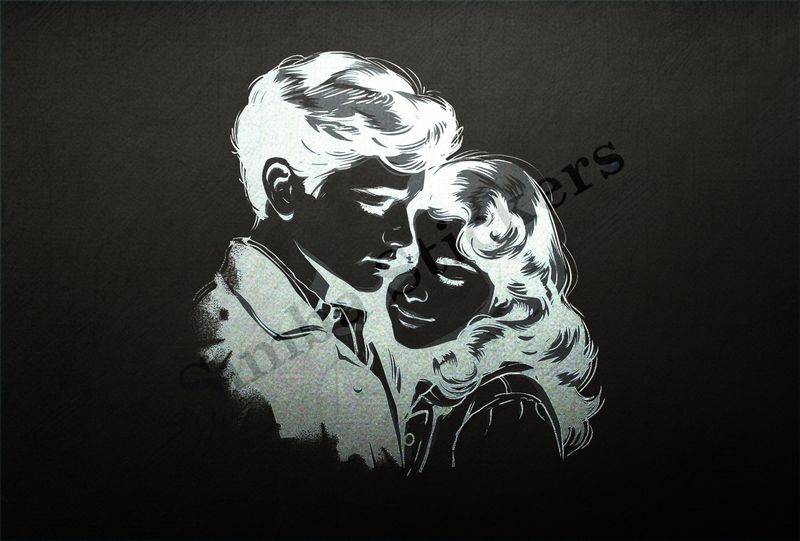 Young couple in warm embrace, outline art