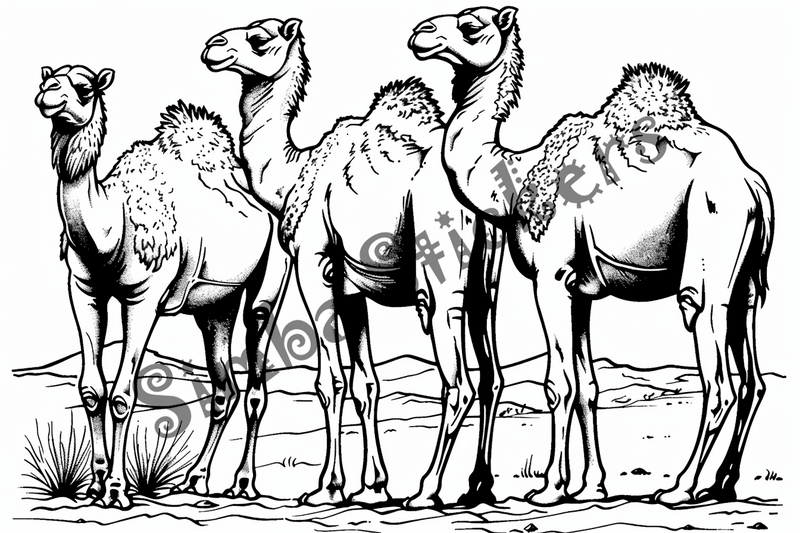 Colouring pages, bundle of Sahara Desert landscape with camels and dromedars, 10 images