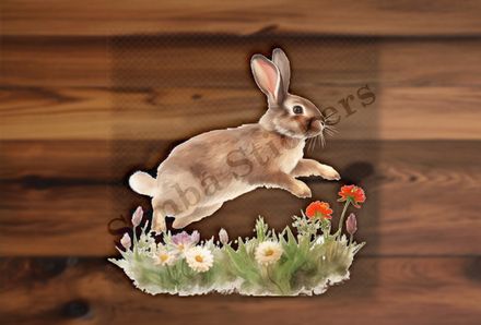 Rabbit jumping on flowery grass, watercolour