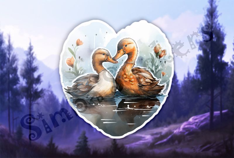 Ducks beak-to-beak in love in flowery pond