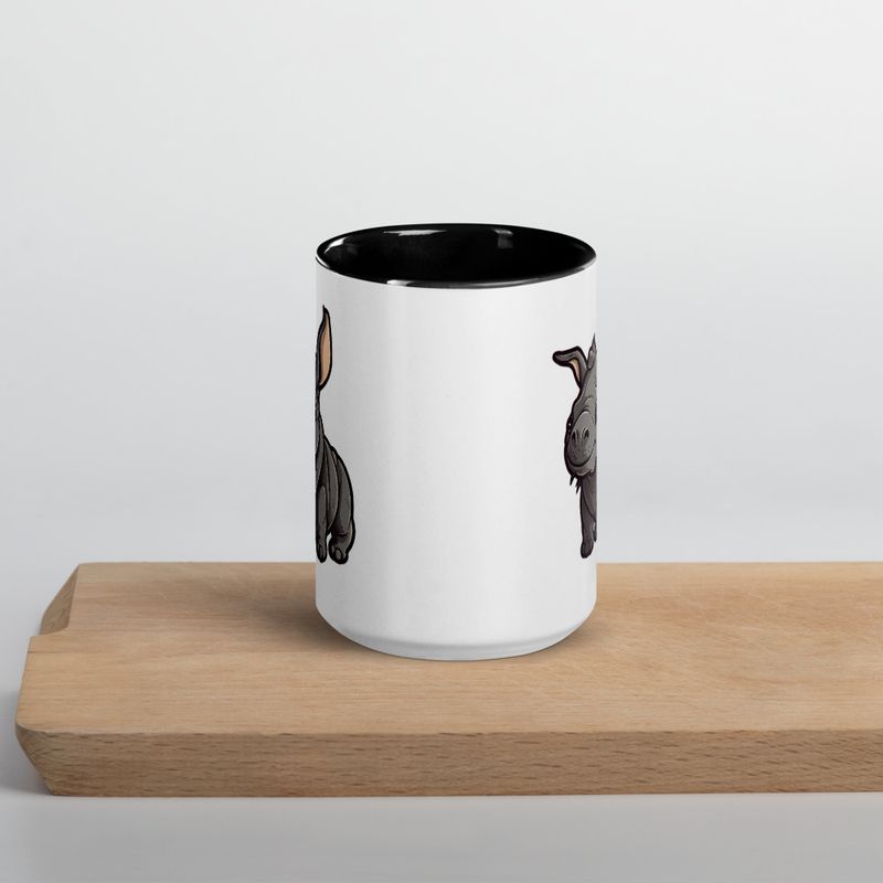 White Ceramic Mug with Color Inside, 11oz &amp; 15oz, Black rhino calf looking cute 