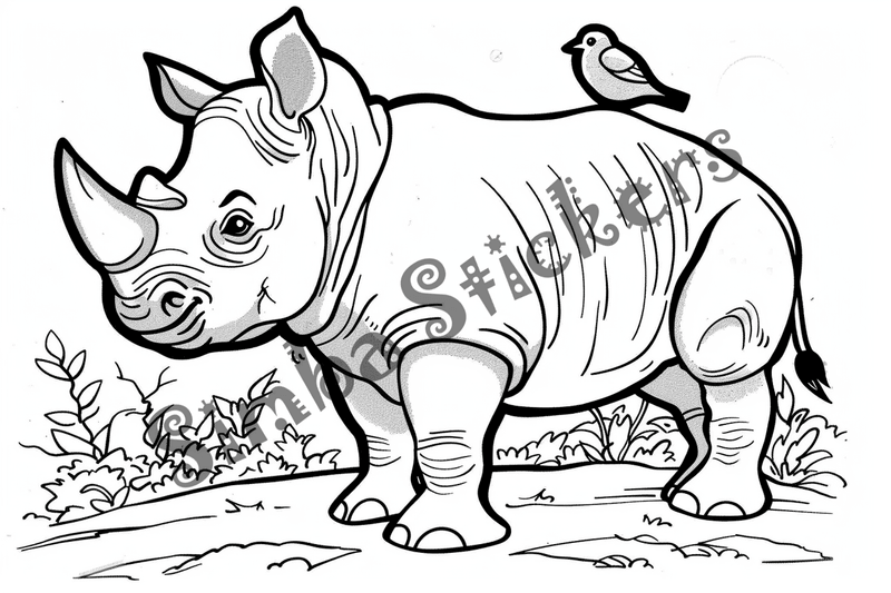 Colouring pages, bundle of rhinos with birds on back, 10 images
