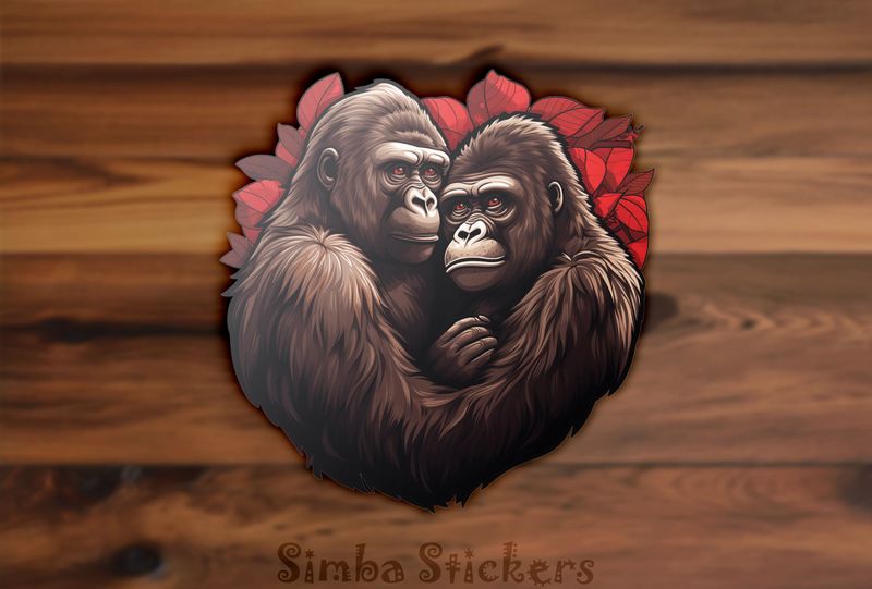 Gorillas in love arm-in-arm in red flowers, 9cczp5