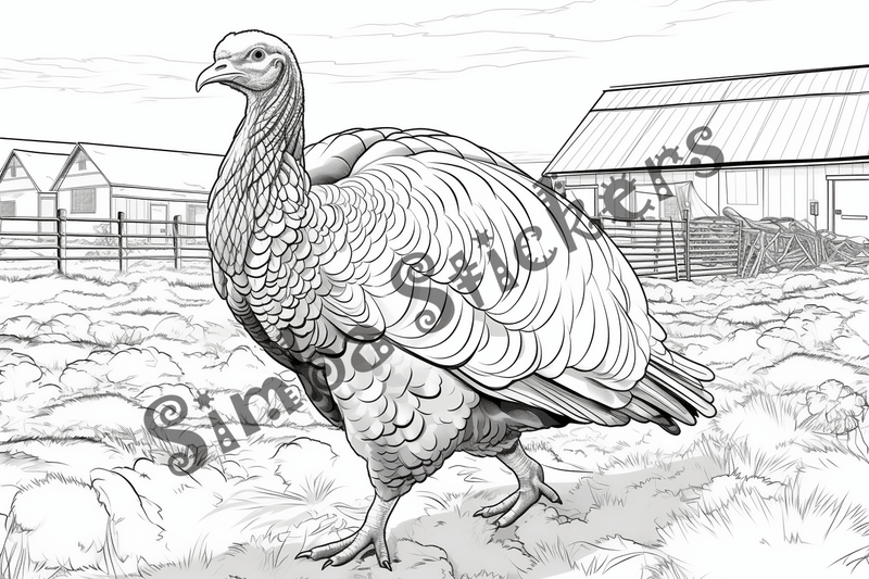 Colouring pages, bundle of turkeys on a farm, 25 images