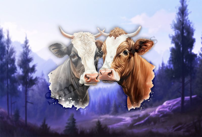 Cows, black and brown,  nose-to-nose, watercolour