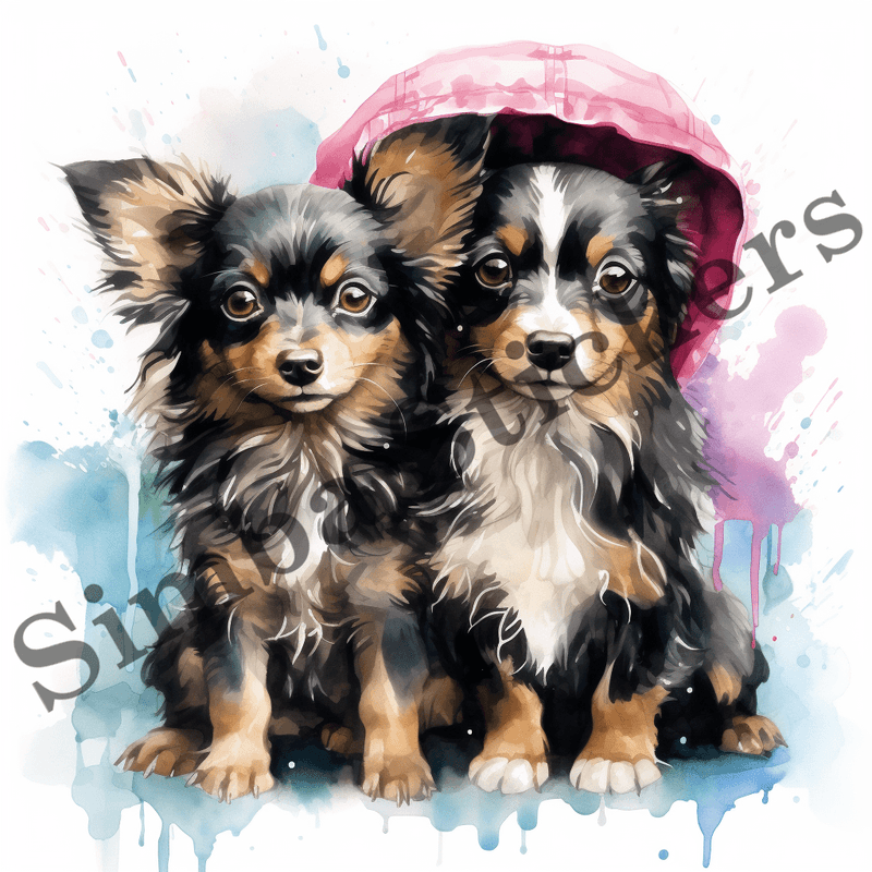 Chihuahua dogs wet in the rain, watercolour, image set, 10 images