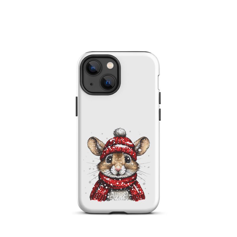 Tough Case for iPhone, Mouse wearing red winter hat and scarf in the snow, xg8dl3