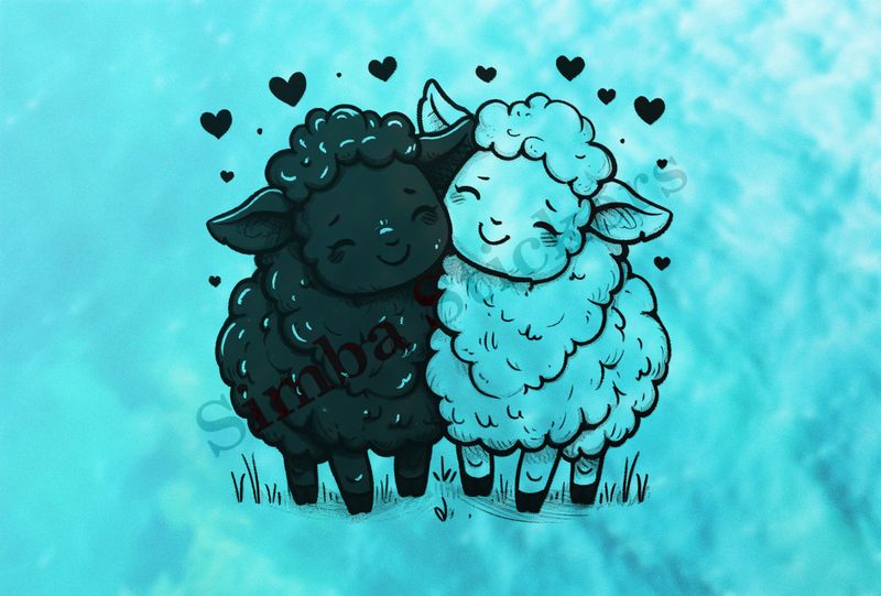 Cute sheep in love,  outline art