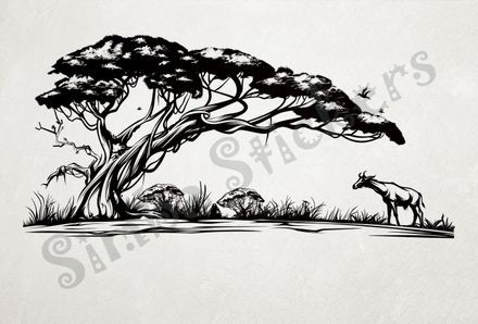 African Savanna landscape, antelope by giant tree, outline art