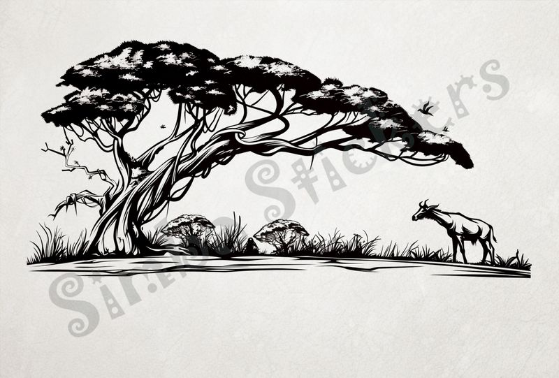 African Savanna landscape, antelope by giant tree, outline art