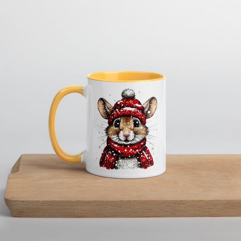 White Ceramic Mug with Color Inside, 11&amp;15oz, Mouse wearing red winter hat and scarf in snow, xg8dl3