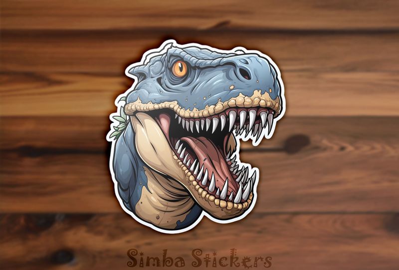 Bluish dinosaur showing large teeth