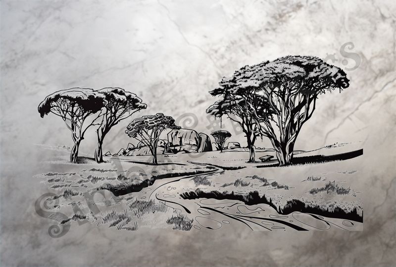 African Savanna landscape, stream in foreground, outline art