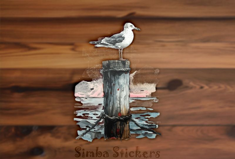 Seagull perching on a beach pole out in water, watercolour, oyljb0