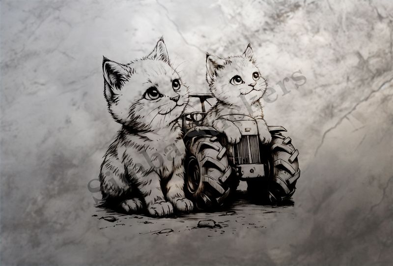 Cats by a tractor, romantic, outline art