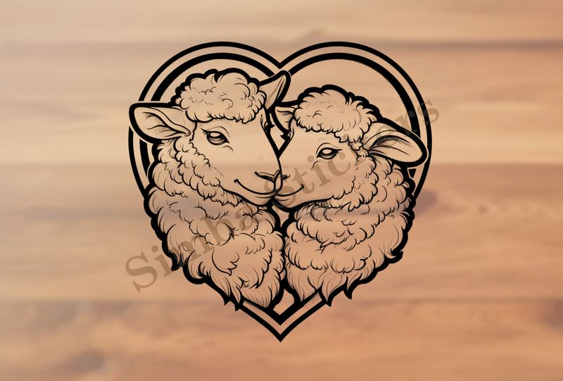 Sheep in love, in hear-shaped window, outline art