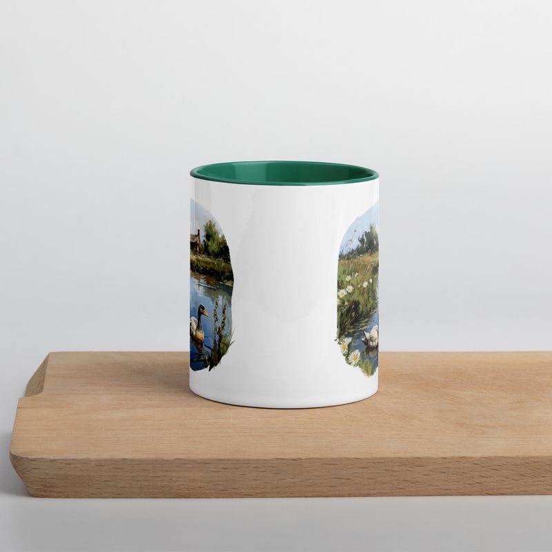 White Ceramic Mug with Color Inside, 11 &amp;15oz, Ducks in love swimming in farmhouse pond 