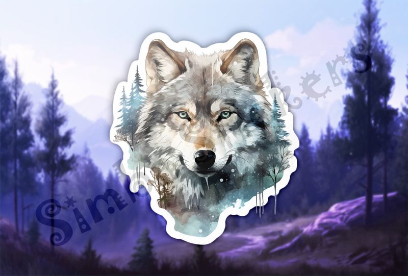 Wolf serious face, snowy watercolour