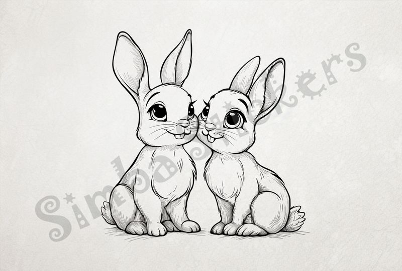 Hares in love cheerfully, outline art