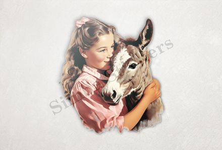 Donkey hugged by small girl of European origin in a pink dress