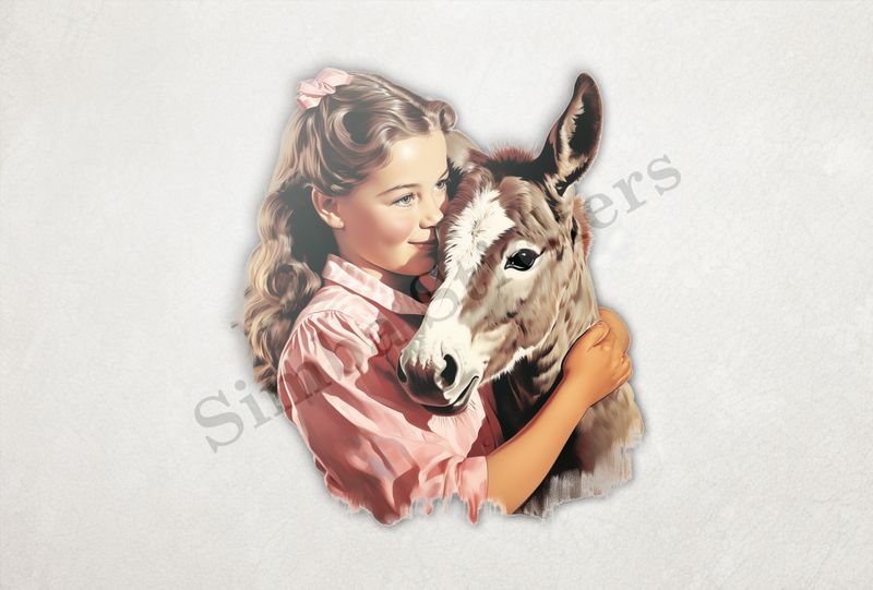 Donkey hugged by small girl of European origin in a pink dress