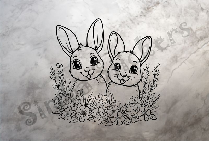 Hares behind flowers, outline art