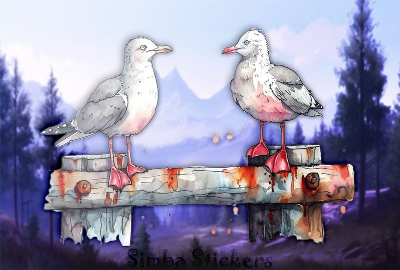 Seagulls perching on a wooden fence, watercolour, mvvdtf
