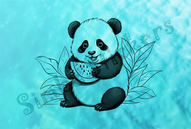 Panda happy holding watermelon, outline art, 9tbptt