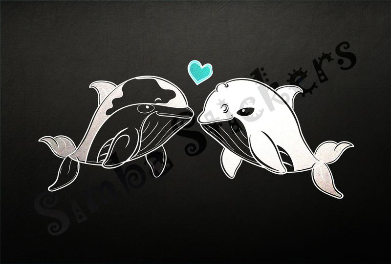 Whales nose-to-nose in love, red Valentine&#x27;s heart above, outline art