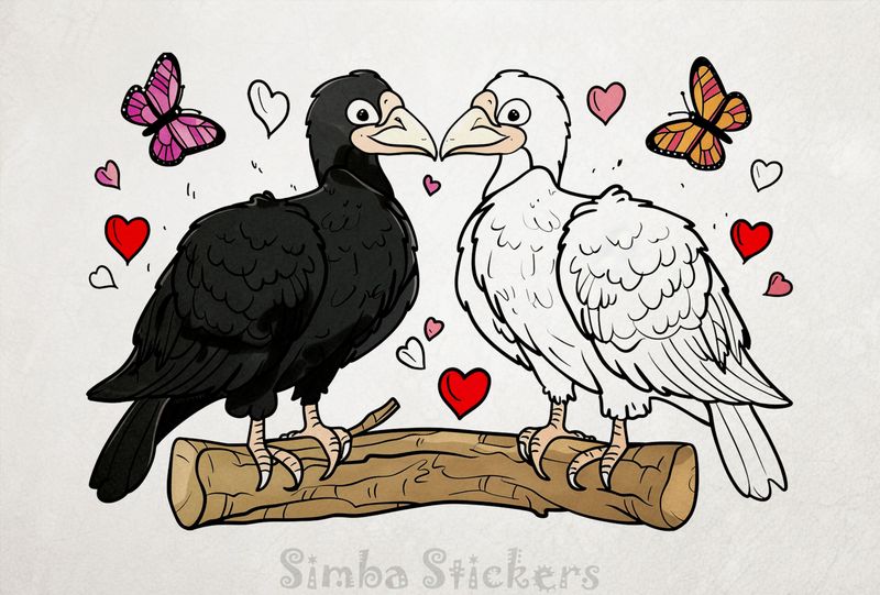 Vultures in love perching on thick branch, outline art, gnib2t