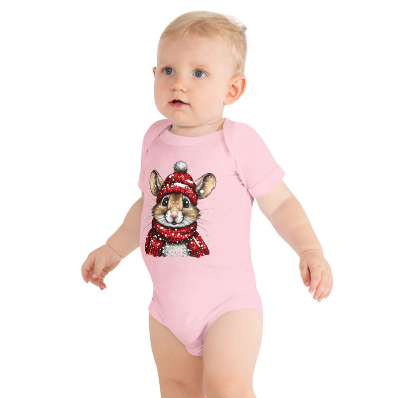 Baby Short Sleeve One Piece, 3-24 Months, Mouse wearing red winter hat and scarf in the snow, xg8dl3