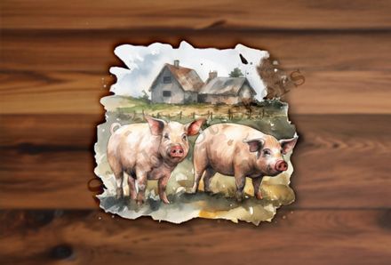 Two pigs on a farm, watercolour